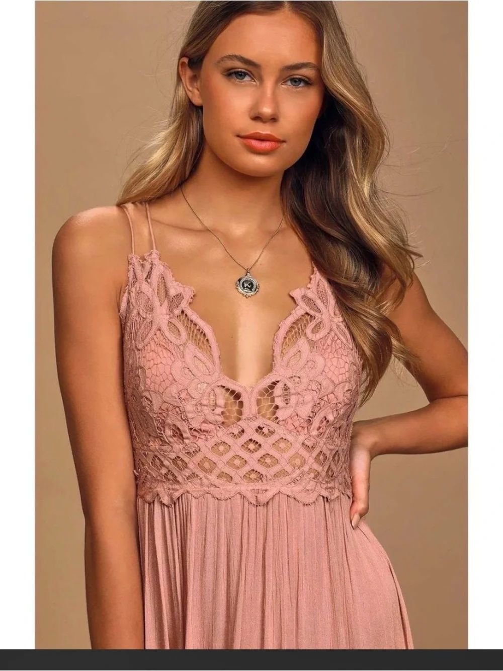 Free People Adella Maxi Slip Dress in a dusty rose color, featuring a crocheted